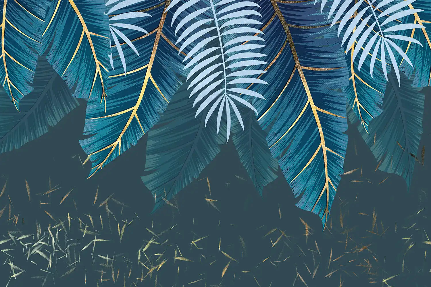 Tropical leaf pattern with blue and green leaves on a dark background