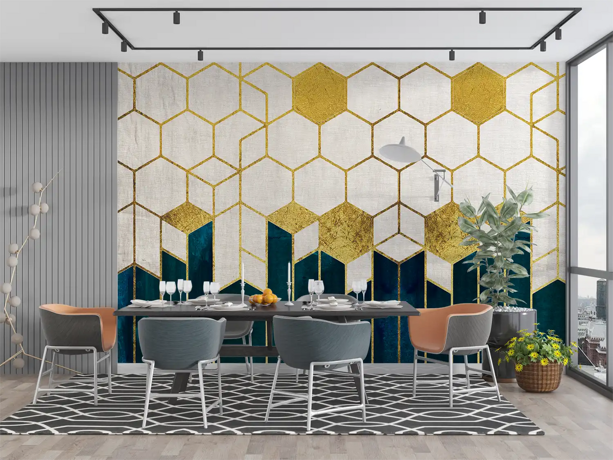 Dining room with geometric wall design, table, chairs, and decor.