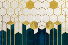 Geometric pattern with gold hexagons and blue bars on a white background