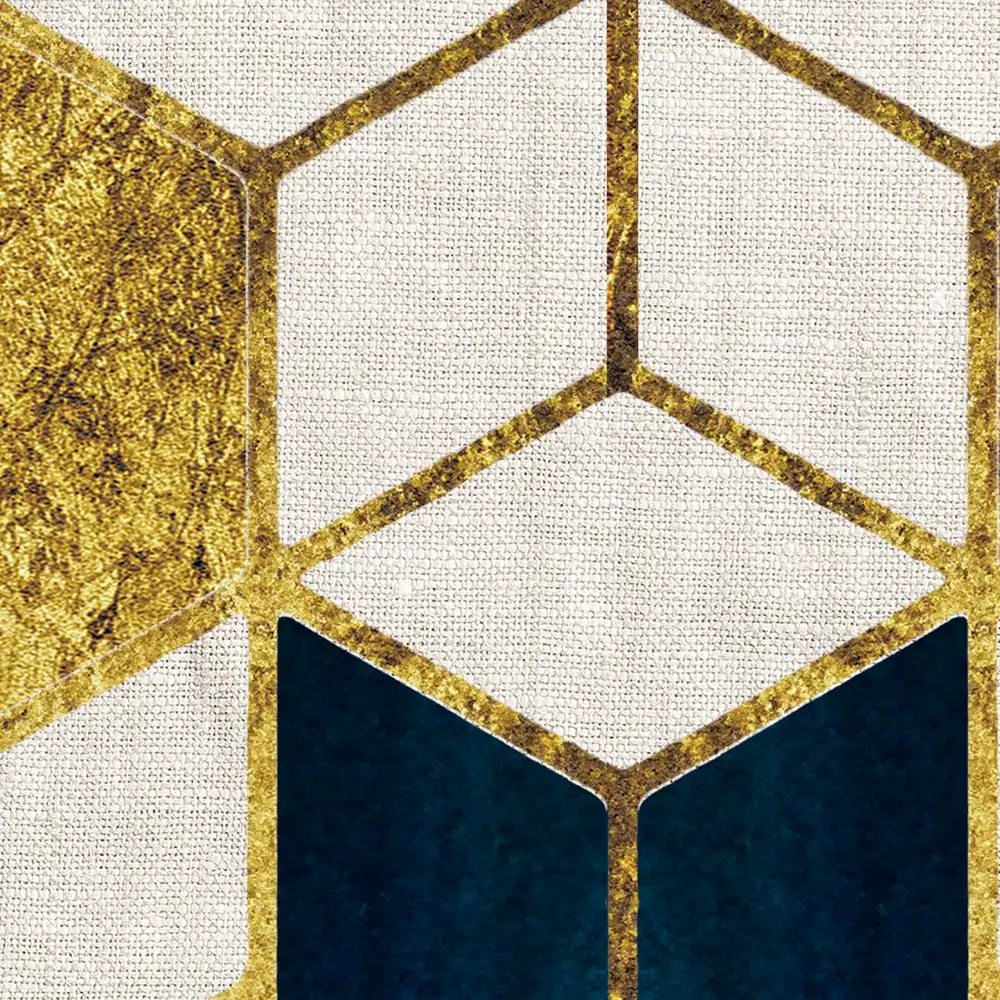 Geometric pattern with gold and navy elements on a textured fabric background
