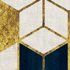 Geometric pattern with gold and navy elements on a textured fabric background