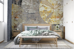 Bedroom with a large abstract wall mural and wooden bed.