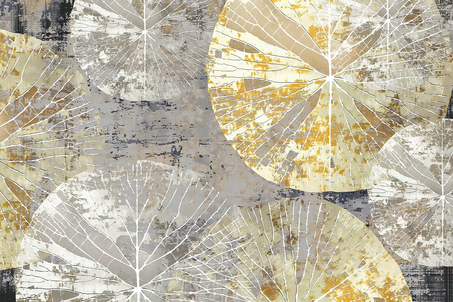 Abstract art with geometric shapes in gold, gray, and white on a textured background