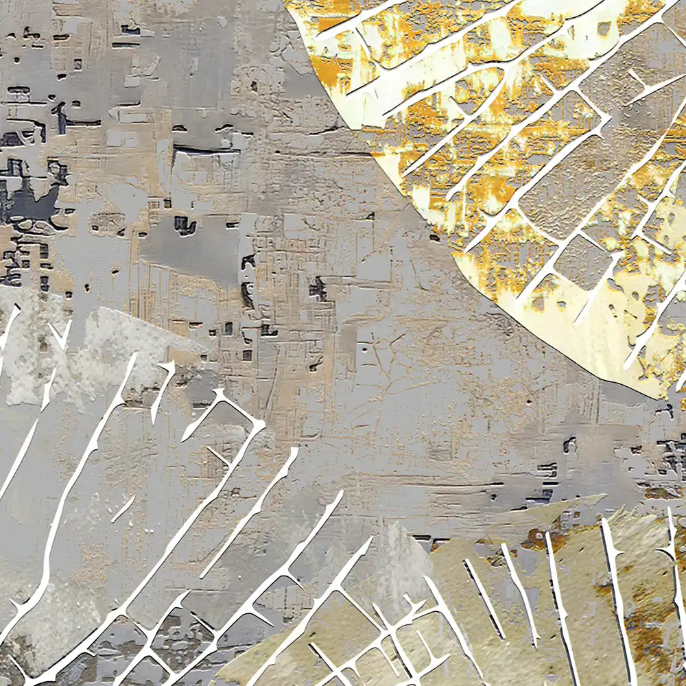 Abstract art piece with geometric shapes in gray, white, and gold.