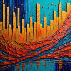 A canvas print titled 'Colorful City Scapes' displayed on a wall above a sofa, with a vibrant abstract cityscape design.